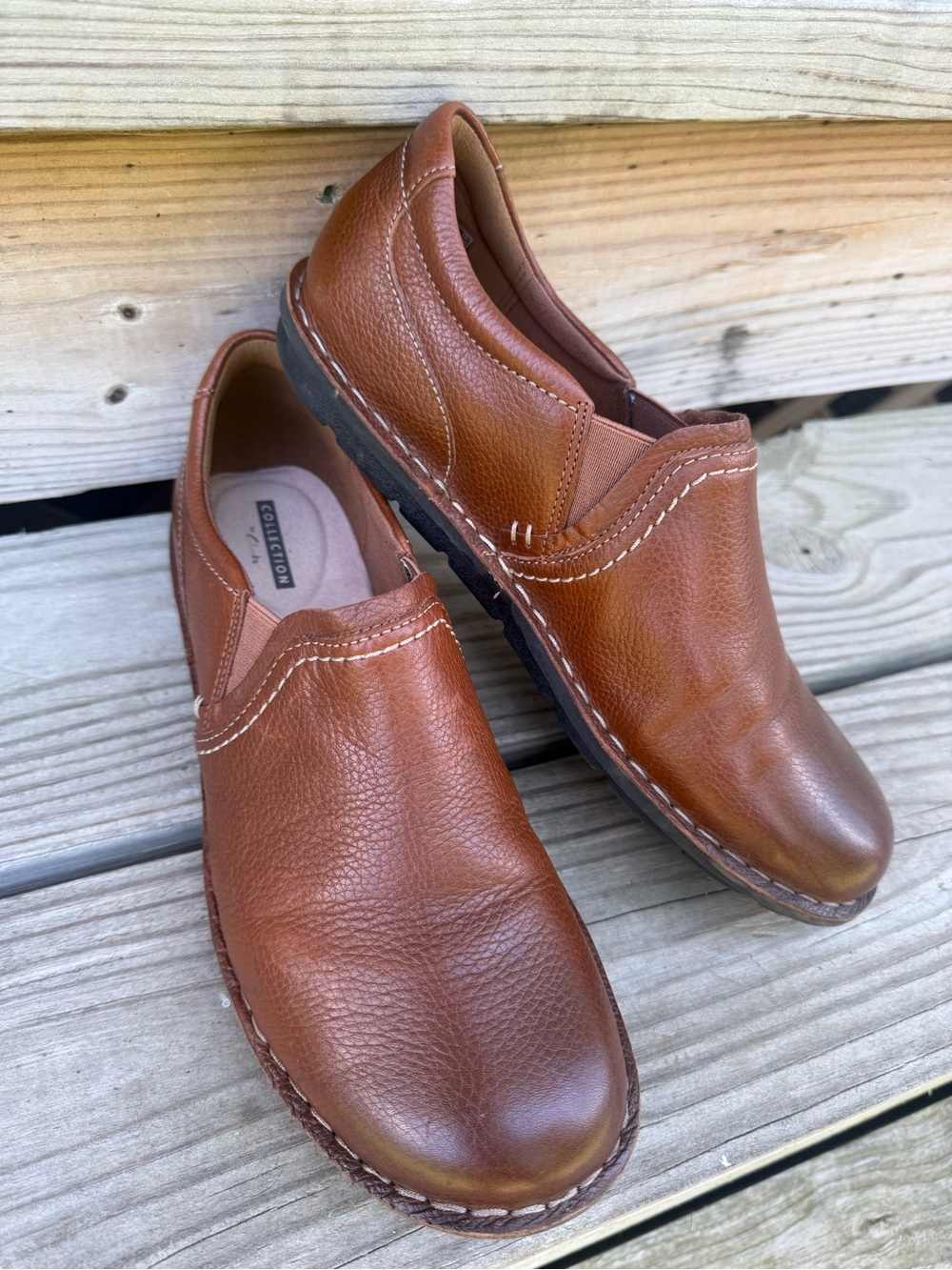 Clarks Brown Leather Loafers Flats Janice Barrie Rubber Sole Slip On Size 9.5